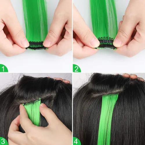 Miniatura 3 de 12 extensiones de cabello sintético lacio de colores de 22 pulgadas con pinza, para fiestas, para mujeres, niños y niñas, violeta + azul zafiro B