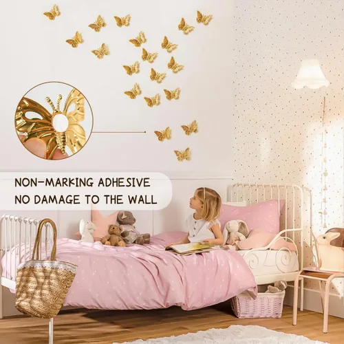 Miniatura 2 de 18 piezas de decoración de mariposa dorada, calcomanías de pared de mariposa 3D extraíbles, calcomanías de imanes para refrigerador, decoración