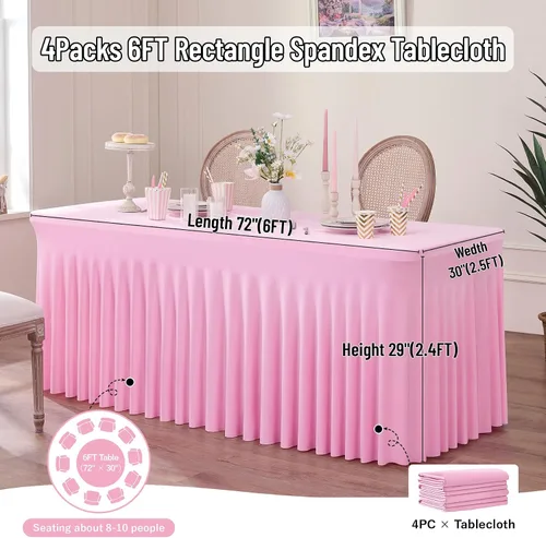 Miniatura 3 de Outpain - 4 paquetes de mantel de elastano de 6 pies para mesas plegables estándar - Mantel de mesa rosa bebé, protector de mesa para fiesta, boda