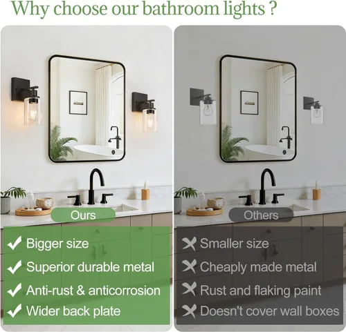 Miniatura 2 de Indoi Juego de 2 apliques de pared para baño, luces modernas de tocador negro mate con pantalla de vidrio transparente, lámpara de pared de baño