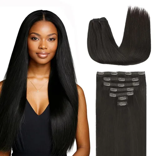 Miniatura 63 de Lashey - Extensiones de cabello con clip sin costuras, de cabello humano real, 7 unidades, 110 g, 14 pulgadas, color negro natural, lacio