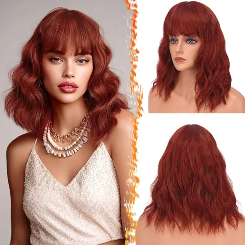 Miniatura 20 de BARSDAR Peluca rubia corta ondulada con flequillo, pelucas cortas onduladas de 14 pulgadas para mujer, pelucas sintéticas suaves hasta el hombro