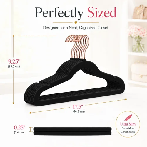 Miniatura 8 de Smartor Paquete de 50 perchas de terciopelo antideslizantes con gancho de oro rosa, perchas de terciopelo resistente para ropa de adultos, abrigos