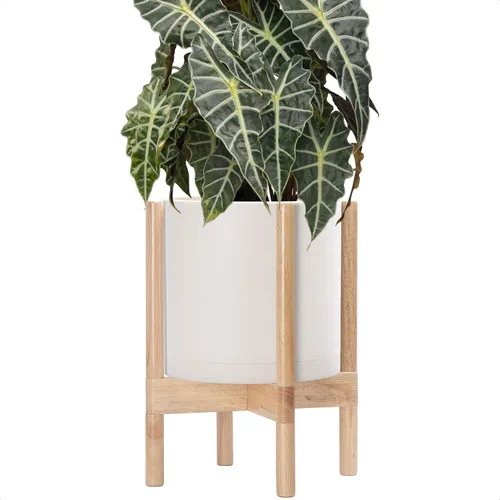 Miniatura 41 de Maceta de D'vine Dev con soporte - Maceta de flores de cilindro de plástico de 8.0 pulgadas con soporte de madera para interiores, maceta mate negra