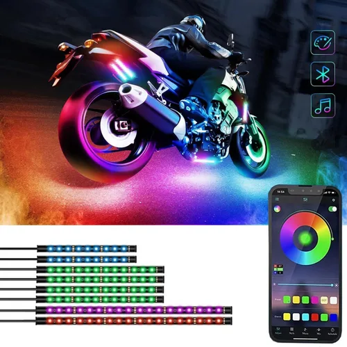Miniatura 9 de 4 piezas de kits de luz LED para motocicleta, tiras de luz LED impermeables multicolor con control de aplicación, luces LED RGB sincronizadas