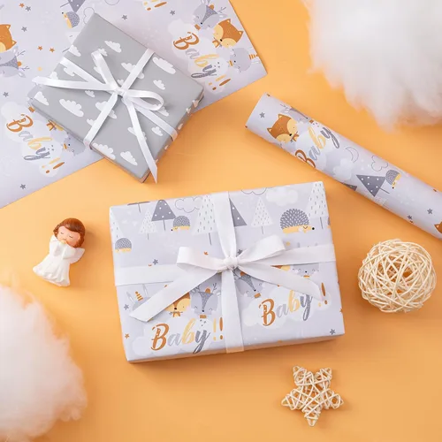 Miniatura 4 de WRAPAHOLIC Papel de regalo reversible para baby shower, mini rollo, 17 pulgadas x 33 pies, diseño de animales grises neutros, baby shower, Baby