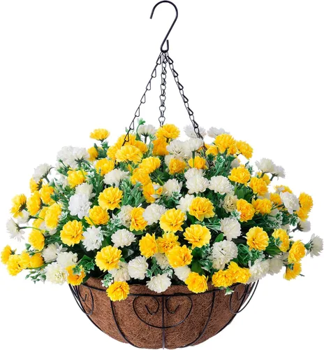 Cesta de flores artificiales colgantes para decoración de primavera al aire libre, flores falsas de seda resistentes a los rayos UV, margaritas