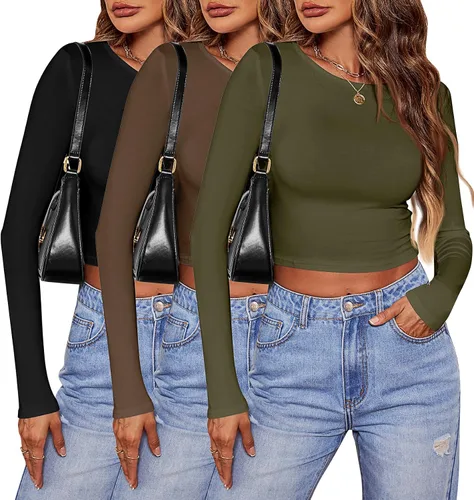 Miniatura 2 de Riyiper 3 piezas de camiseta corta de manga larga para mujer, ajustada, cuello redondo, camiseta básica casual para mujer