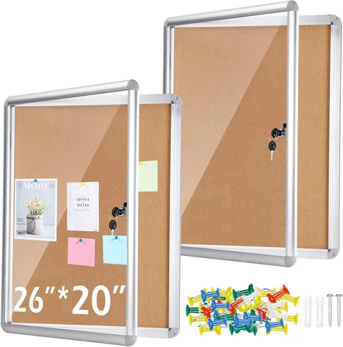 2 tableros de anuncios cerrados de 26 x 20 pulgadas, con cerradura, marco de aluminio, resistente al agua, con tornillos de montaje para oficina,