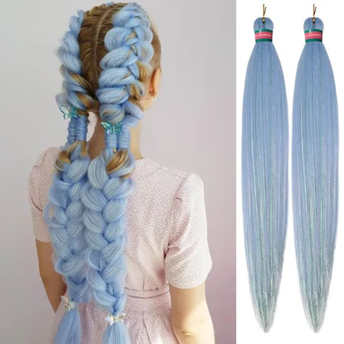 Miniatura 51 de Extensiones de cabello para trenzar verde+verde claro, preestiradas, 2 paquetes, con cabello plumoso pre-trenzado, extensiones de cabello