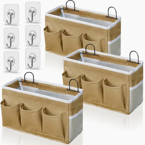Miniatura 10 de Kanrichu Bolsa organizadora para colgar en la pared, paquete de 2 cestas de almacenamiento de lino con bolsillos, cesta de almacenamiento