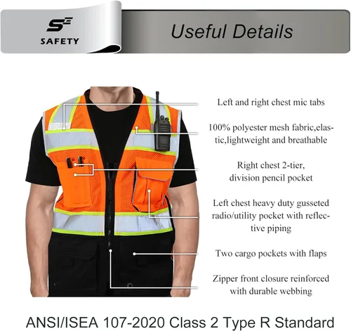Miniatura 3 de sesafety Chaleco de seguridad con 9 bolsillos, chaleco reflectante de alta visibilidad, chaleco de seguridad, chaleco de trabajo para hombre