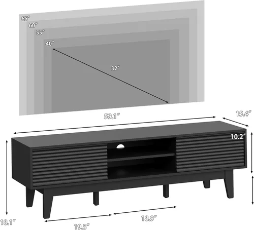 Miniatura 2 de Soporte de TV estriado para TV de 55 y 65 pulgadas, centro de entretenimiento moderno de mediados de siglo con estantes, gabinetes y puertas