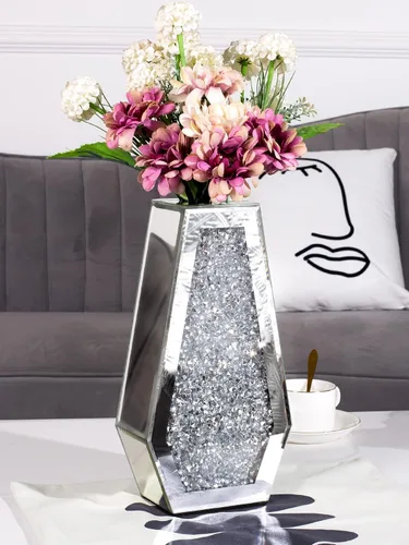 Miniatura 2 de Jarrón de flores con diamantes triturados, jarrones de espejo plateado para centros de mesa, jarrón de cristal brillante decorativo para decoración