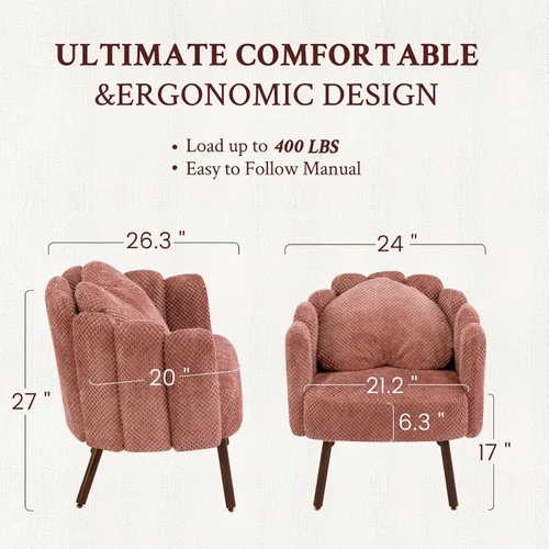 Miniatura 2 de Furniliving Silla de tocador de terciopelo rosa, silla decorativa con patas y almohada de madera, silla de lectura de pétalos para dormitorio, sala