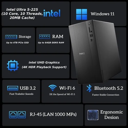 Miniatura 2 de Dell Escritorio empresarial ECT1250 2025 - Intel Ultra 5-225, (procesador de 10 núcleos 10 hilos), memoria DDR5 de 16 GB, SSD PCIe de 512 GB, diseño