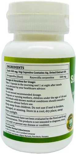 Miniatura 2 de Morsan Healthcare Sarpgandha (Rauvolfia Serpentina) 500 mg. Cápsulas, suplemento puro y herbario 60 mg. Veg. Cápsulas
