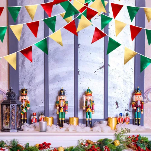 Miniatura 4 de pinkblume Banderines de triángulo para decoración de fiesta de Navidad, banderines de pendón en rojo, verde y oro, banderines de tela metálica