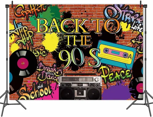 Miniatura 4 de Fondo de fotografía de fiesta temática de los años 90 Hip Hop 90th Graffiti pared de ladrillo Fondo de fotos de vinilo de 5x3 pies Retro Radio Prom