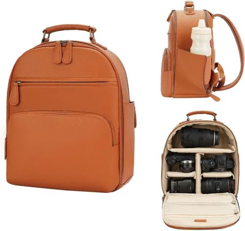 Mochila pequeña para cámara, cuero PU clásico para DSLR, bolsa de cámara profesional para fotógrafos con compartimento para almohadilla/tableta de