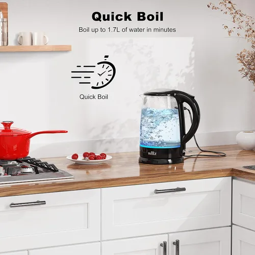 Miniatura 6 de Willz Hervidor eléctrico de vidrio con mango resistente al calor y vertido inalámbrico, tecnología de ebullición rápida y apagado automático, luz