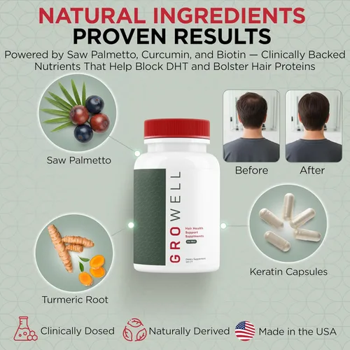 Miniatura 2 de GroWell Suplementos para el crecimiento del cabello para hombres – Clínicamente probados para una cobertura visiblemente más gruesa del cabello