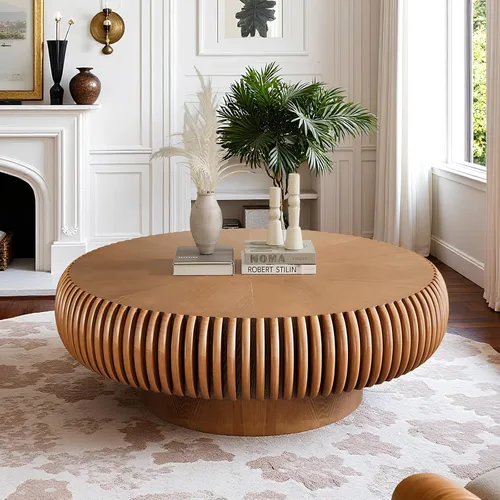 Mesa de centro redonda acanalada de 31.5 pulgadas, moderna mesa de centro de madera para sala de estar, mesa central de alivio hecha a mano con