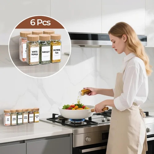 Miniatura 6 de ComSaf 4 onzas 6 piezas de tarros de especias de vidrio con etiqueta, recipientes de especias vacíos con tapas de bambú, recipientes de condimentos