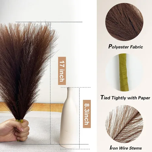 Miniatura 5 de Hierba de Pampa Falsa Pequeña, 17" Hierba de Pampa Artificial Marrón Oscuro Esponjosa 3 Piezas Hierba de Pampa Arreglo Floral y Relleno de Jarrón