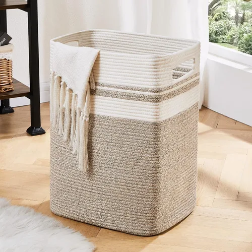 OIAHOMY - Cesta de lavandería, cesta de almacenamiento alta de algodón con asas, cesta decorativa de mantas para sala de estar, cesta grande