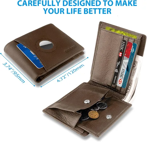 Miniatura 3 de doeboe Billetera triple con bolsillo para monedas, billetera Airtag con bloqueo RFID, cartera para tarjetas de crédito para hombre, de piel