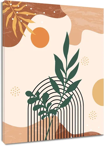 MEECI Arte de pared minimalista bohemio de mediados de siglo, planta moderna con hojas verdes y doradas, lienzo botánico, arte de pared, pintura
