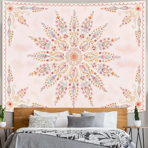 Miniatura 42 de Fowocu Tapiz bohemio con mandala floral para colgar en la pared, medallón de flores bohemias, tapiz estético, beige, naranja, hippie, indio, pequeño