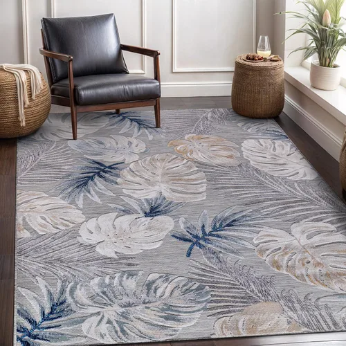 Miniatura 10 de CAMILSON Alfombra para Interiores y Exteriores, Alfombras de Área Azules 5x7 con Hojas Tropicales Botánicas para Patios Interiores y Exteriores