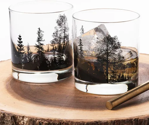 Miniatura 2 de Black Lantern Juego de vasos de whisky - Vasos cortos de paisaje forestal estilo tradicional para bourbon, whisky escocés y cócteles - Vasos de roca