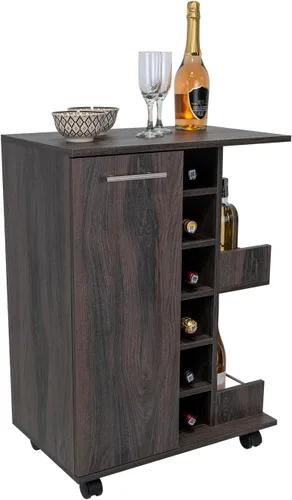 Miniatura 9 de Tuhome Carrito de bar, dos estantes externos, cuatro ruedas, seis estante de vino incorporado, gabinete de una sola puerta -Espresso