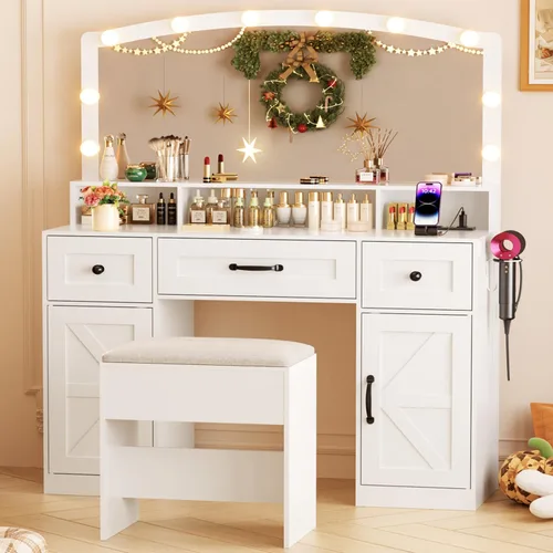 Miniatura 8 de ERLEJIA Escritorio de tocador de granja con espejo y luces, taburete y toma de corriente, 43.3 pulgadas, grande, 3 modos de luces LED, mesa de Yueji