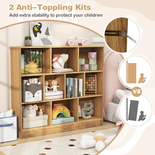 Miniatura 5 de HONEY JOY Organizador de almacenamiento de juguetes para niños, gabinete de almacenamiento de piso de madera de 10 secciones, baúl de juguetes