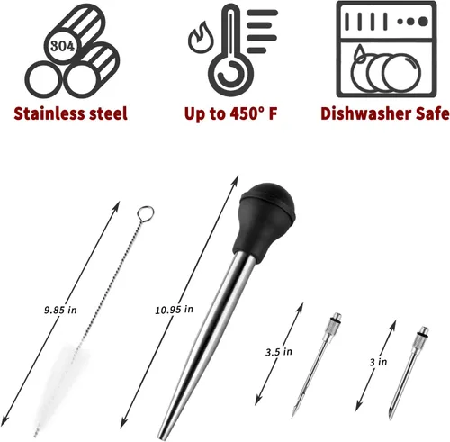 Miniatura 3 de JY COOKMENT Jeringa de acero inoxidable para pavo Baster Baster Jeringa para cocinar Inyector de carne con 2 agujas de marinada, 1 cepillo de Acero