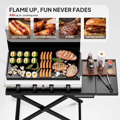 Miniatura 4 de ROVSUN Parrilla plegable de 4 quemadores de propano con ruedas, bandeja esmaltada y tapa, parrilla de gas portátil de 40,000 BTU con encendido