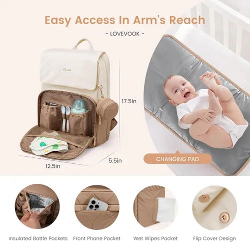 Miniatura 7 de LOVEVOOK Mochila para pañales, bolsas de viaje para bebés para niños y niñas, bolsa de pañales impermeable con cambiador