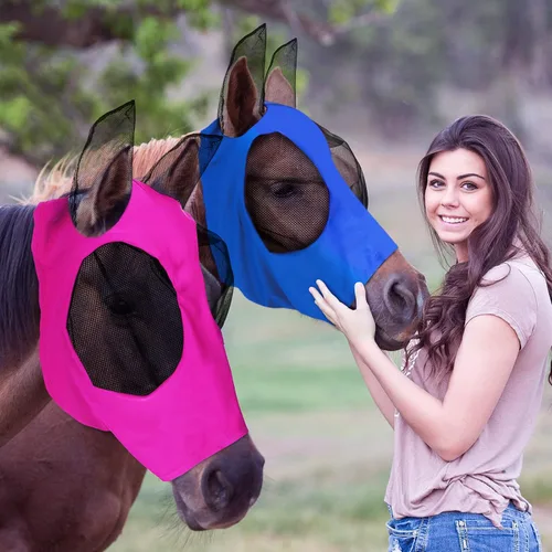 Miniatura 10 de Weewooday - 2 máscaras faciales de caballo con orejas, suaves y elásticas para moscas, cubierta de malla transpirable para los ojos, máscaras