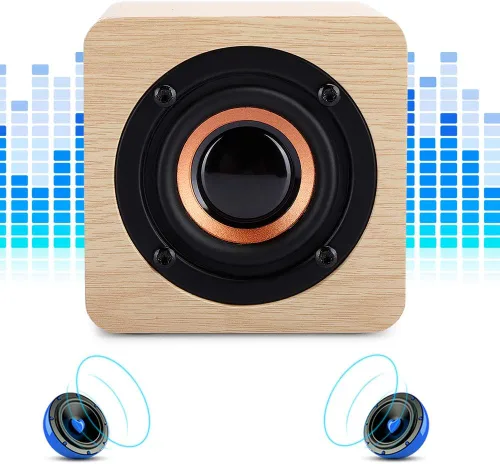 Miniatura 5 de Altavoz Bluetooth retro, altavoz portátil de madera amarillo alimentado por USB con sonido HD y graves ricos para computadora PC