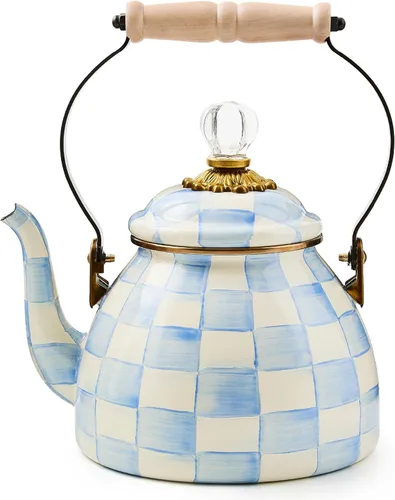 Miniatura 10 de MACKENZIE-CHILDS Tetera esmaltada, elegante tetera para estufa, cuadros cortesanos en blanco y negro, 3 cuartos de galón color fantasía