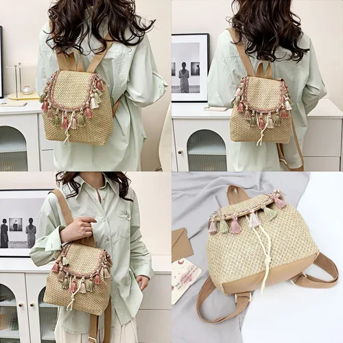 Miniatura 2 de Meyaus Mochila tejida de paja pequeña con borlas y cordón para mujer, Borlas Caqui, Mochilas Daypack