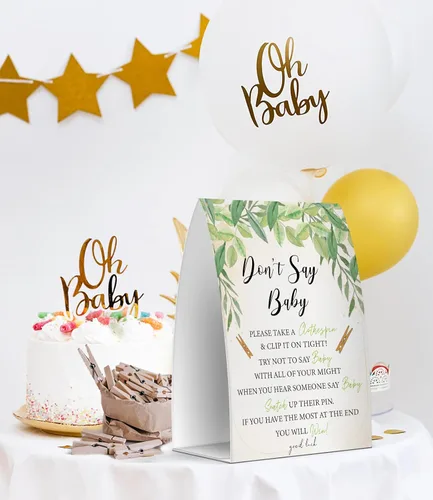 Miniatura 4 de Juego de texto en inglés "Don't Say Baby", un letrero de 5 x 7 pulgadas y 50 mini pinzas para la ropa, juegos de baby shower, decoración de baby