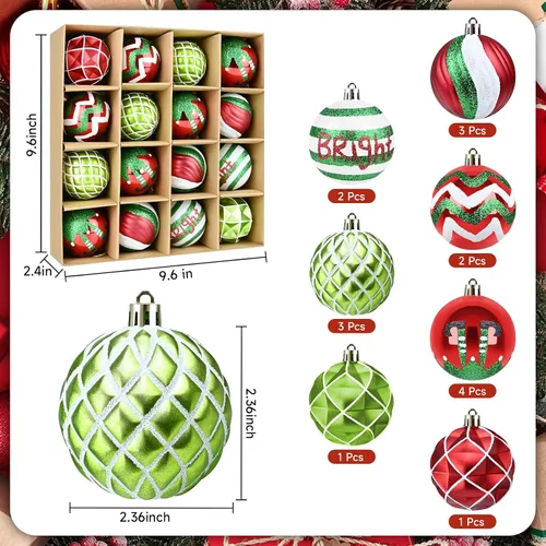 Miniatura 2 de 16 piezas de esferas decorativas de Navidad - Adornos de bolas rojas, verdes y blancas de 2.36", decoración navideña irrompible para árbol