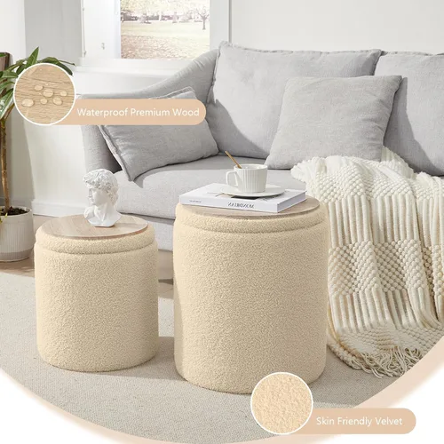 Miniatura 6 de Royal Windsor Boucle - Juego de 2 otomanas redondas con almacenamiento, taburete pequeño para sala de estar, mesa de centro pequeña, taburete