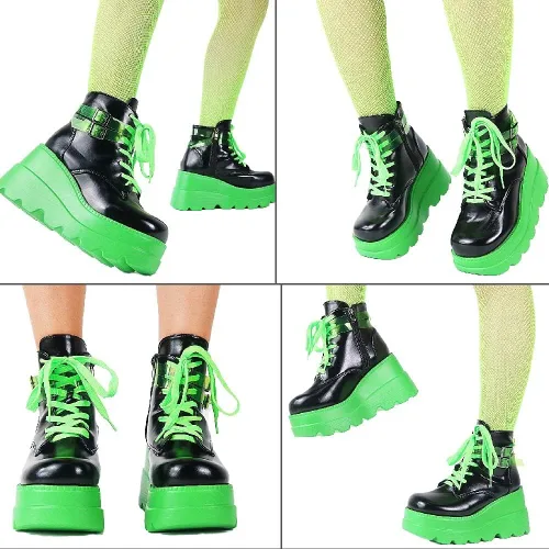 Miniatura 3 de CELNEPHO Botas de plataforma gruesa para mujer, puntera cuadrada, con cordones, tacón alto, tacón alto, botas de tobillo de cuña