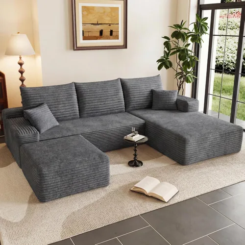 Miniatura 46 de Sofá modular Cloud de 95 pulgadas con otomana, moderno sofá nube en forma de U con asiento profundo, cómodo sofá de pana de 3 plazas, sofá de espuma